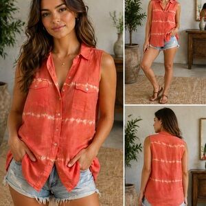 Chico's Coral Tie-Dye Sleeveless Button-Down Shirt